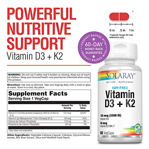 Solaray Vitamin D3 + K2 | for Immune Support, Calcium Absorption, and Support for Healthy Cardiovascular System & Arteries | Non-GMO & No Soy | 60 CT - Thumbnail 2