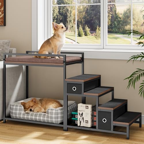 kepptory Dog/Cat Window Perch with Stairs and Seat Cushion Pet Bunk Bed with Storage Drawers Bedside Dogs Cot for Small Medium Cats & Dogs Pet Stairs Ramp(Brown)