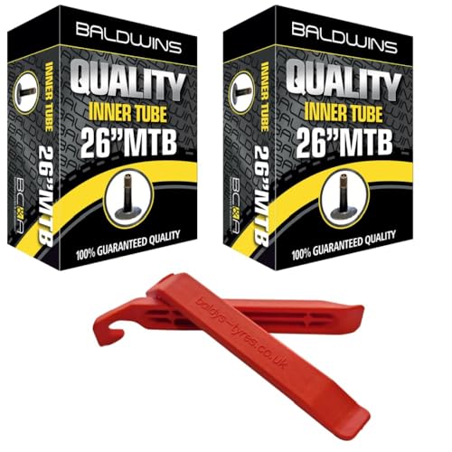Baldwins Bike Inner Tube 26 x 1.75 to 2.125 Schrader Valve & BALDYS TYRE LEVER (Pack of 2)