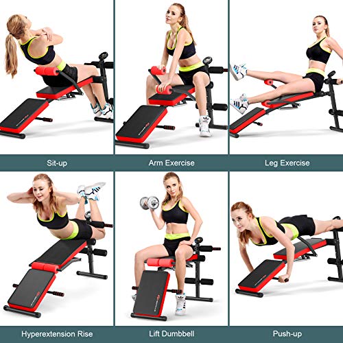 Goplus Adjustable Sit Up Bench, Foldable Utility Weight Bench w/LCD Monitor Flat/Incline/Decline Exercise Multi-Purpose Bench for Home, Gym and Office (Red)
