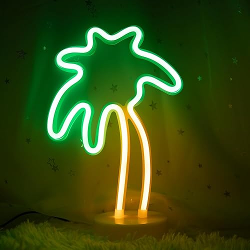 ENUOLI Letreros de neón de palmera de coco LED con batería, alimentados por USB, luz de neón con base de soporte para suministros de fiesta,