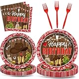 96Pcs Western Birthday Party Supplies Cowboy Paper Plates and Napkins Disposable Wild West Theme Party Decorations Red Paisley Print Western Cowboy Cowgirl Birthday Party Favor Tableware Set Serves 24
