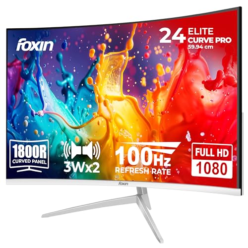 Image of Foxin Elite Pro 24 Inch Curved LED Monitor | 100Hz Refresh Rate |1800R Curve| Full HD 1080p| Built in Speaker | Bezel Less Design | HDMI & VGA Ports | White | 3 Yrs Warranty