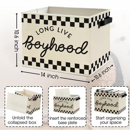 Image of Black and White Checkered Long Live Boyhood Boys Storage Bins Box with Handles, Collapsible Basket Organizer for Kids Teen Boy Nursery Room Bedroom Bathroom Playroom Books Clothes
