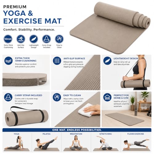 Image of Yoga & Exercise Mat with Carry Strap | Nitrile Butadiene Rubber (NBR) Anti-Slip Workout Mat for Yoga, Pilates, Meditation, Stretching & Home Gym Fitness | Men & Women (Grey-10mm)
