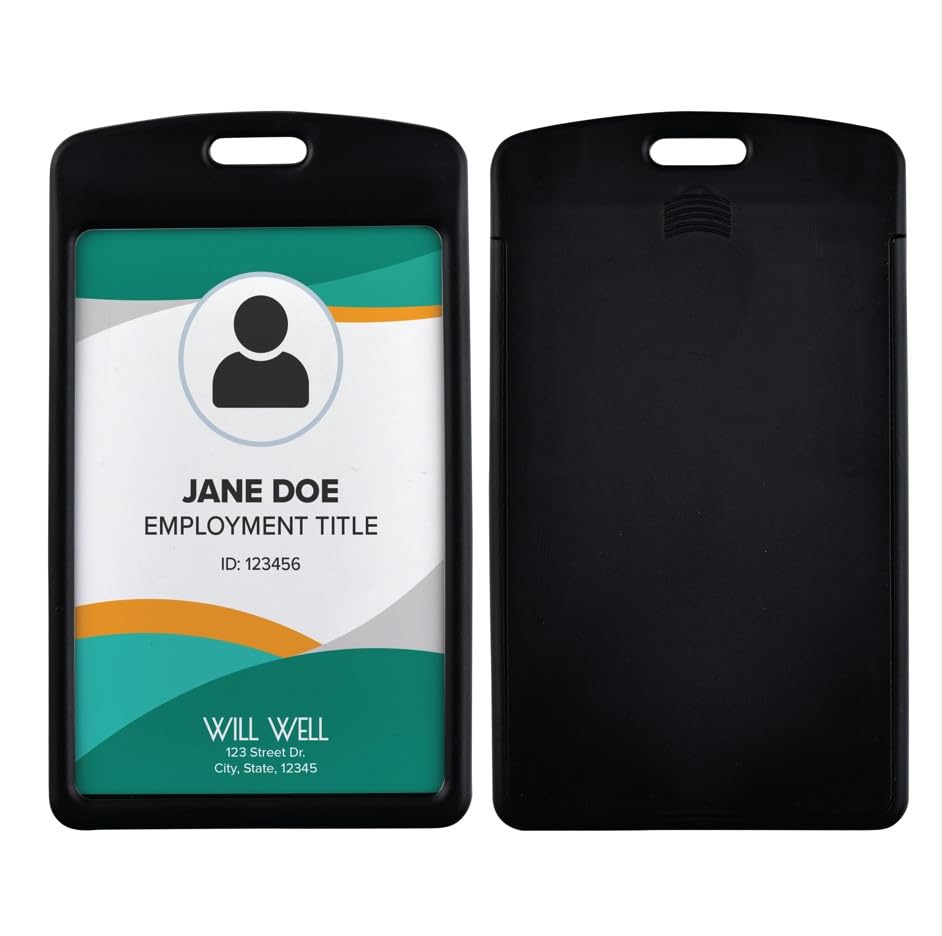 Will Well Vertical Sliding Badge Holder for Lanyards - Hard ABS Plastic 4.13" x 3.3" Protector Fits Up to 2 Standard-Sized Cards, Lightweight Secure Quick-Access Slide Cover Design - 6-Pack, Black