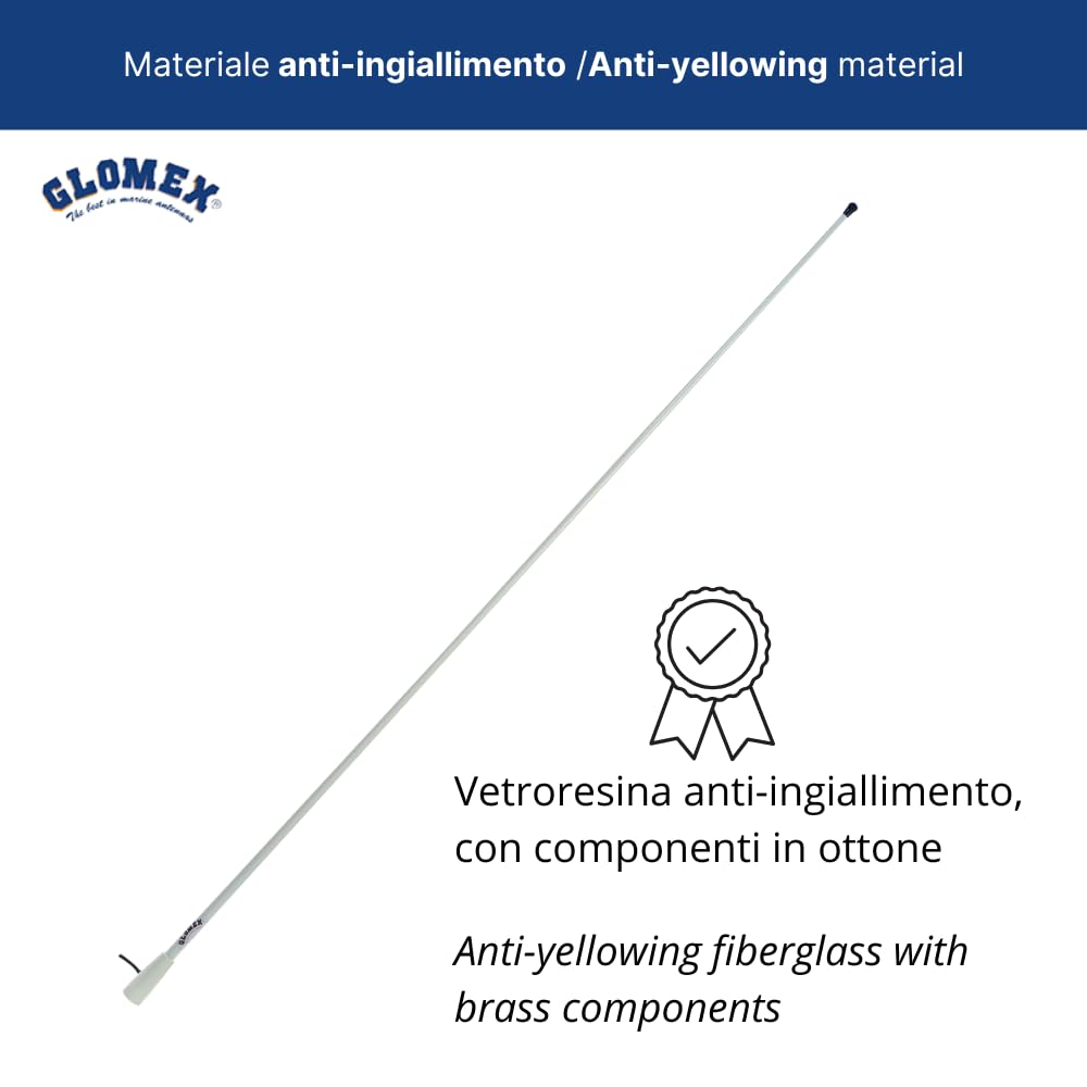 Glomex Antena VHF RA112 1,5 m 3 dB Fibra de Vidrio para Barcos a Motor