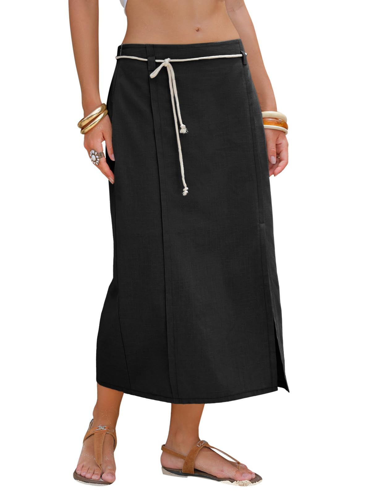 EXLURA Womens Linen Elastic Waist Straight Midi Skirt Summer Cotton Maxi Long Boho Skirts Slit Beach Vacation Outfits