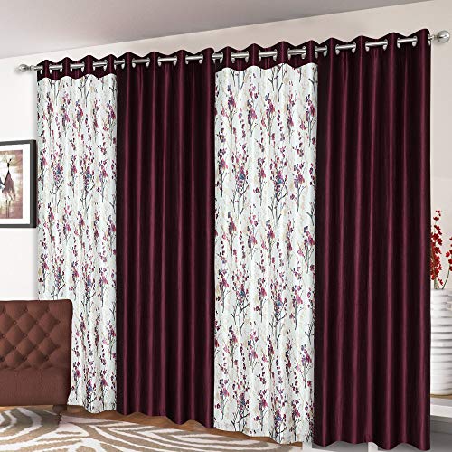 Image of 9 Feet Polyester Floral Light Filtering Long Door Curtains for Living Room, Bedroom & Hall, Eyelet Top, Wine Printed and Solid Plain Curtain Set of 4