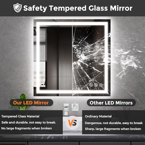 Image of Koonmi 36x36 LED Bathroom Mirror, Backlit + Front Lit, LED Bathroom Mirror with Lights for Wall, 3 Colors, Anti-Fog, Dimmable Brightness, Memory Function, Tempered Glass