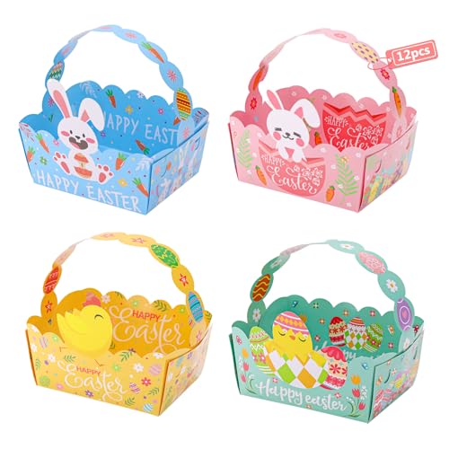 12 Stück Osterkörbchen Papier Set, Bunte Osternester zum Befüllen als Bastelidee, DIY Easter Egg Hunt Basket Set mit Osterhasen Motiven, Kleine Geschenkkörbchen für Ostereier und Frühlingsdeko