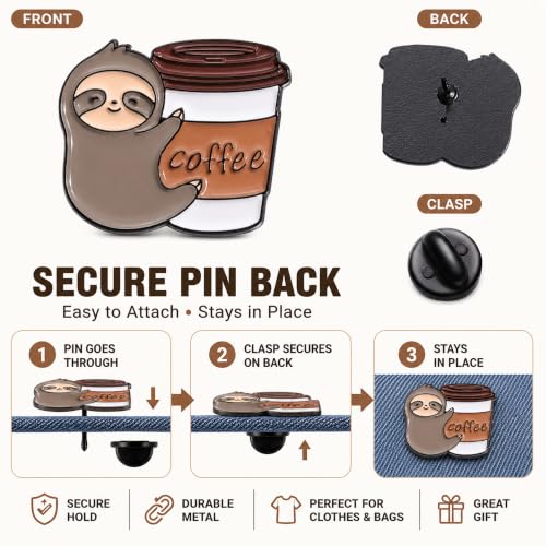 Image of 5Pcs Cute Coffee Cat Sloth Enamel Pin Set Cartoon Animal Coffee Cup Brooch Badges, Funny Lapel Pins for Backpacks, Jackets, Bags, Coffee Lover Gift