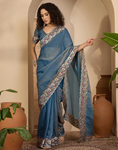 Image of SIRIL Women's Shimmer Georgette Scalloped Border Sequins Embroidery Saree with Unstitched Blouse Piece