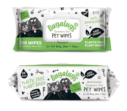 BUGALUGS Dog Wipes, 100% Plastic Free Biodegradable pet wipes for full body, eye wipes, ear wipes, bum & paws. 110 sensitive dog grooming wipes for dogs, puppy & cat grooming (Fragrance Free)