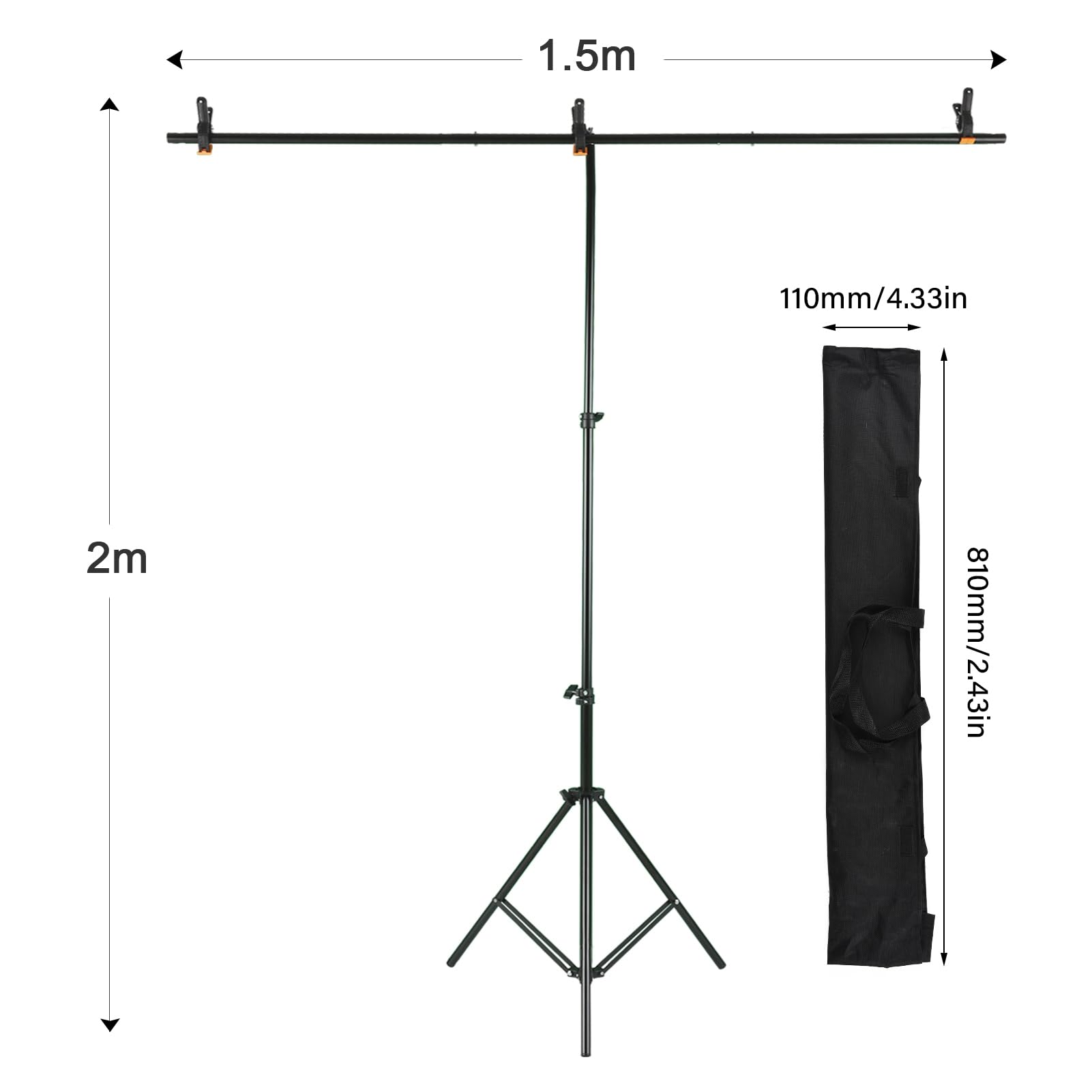 HUIOP 1,5 x 2 m. Kit de photographie de fond avec écran de fond vert avec support de fond réglable en forme de T, 5 pinces de fond