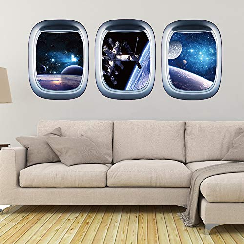 3 Pcs Universe Astronaut Space Capsule Window Wall Decals 3D Planet Spacecraft Wall Stickers Wall Art Decorative Sticker For Kids Home Living Room Bedroom Nursery Removable Party Decor Decorations #TOP5
