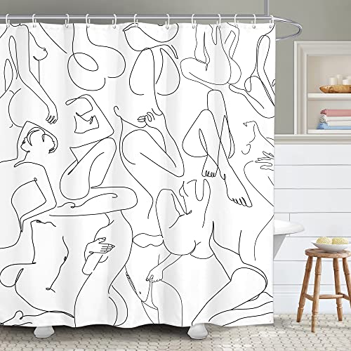 Yookeb Abstract Minimalist Bathroom Shower Curtain 60W By 71H Inch Naked Nude Black White Modern Simple Line Art Aesthetic Contemporary Women Polyester Fabric 12 Plastic Hooks Waterproof Decor #TOP10