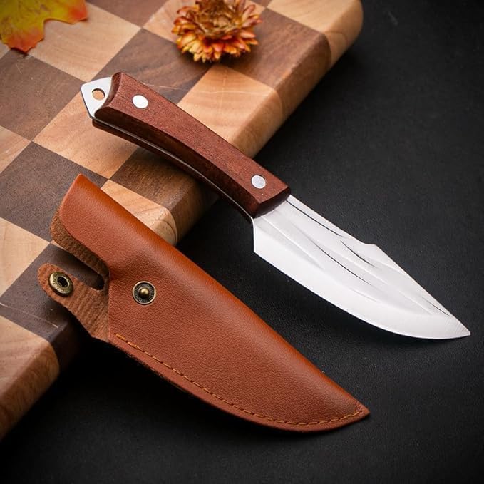 Image of PINBO Machado Hybrid Hand-Sharpened Mongolian Stainless Steel Knife with Leather Sheath - Forged Boning Multipurpose Meat Cleaver Butcher Knives for Outdoor BBQ