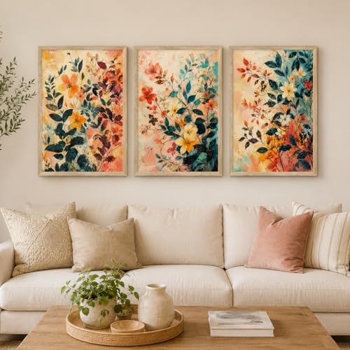 Image of Livin'luxe Set of 3 Abstract Floral Wall Paintings for Living Room Bedroom Hallway Home Decor with Premium Wooden Color Synthetic Frame (25.5 x 19.5 Inch) NM03-60