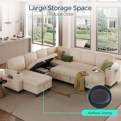 Image of LINSY HOME Sectional Sleeper Sofa with Pull Out Couch Bed - Convertible Plush Corduroy Cloud Couches with Storage Chaise & USB Charging, Comfy Modular Couch for Living Room, Beige
