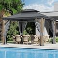 Florise 10x12 Ft Hardtop Gazebo, Heavy Duty Aluminum Metal Frame Permanent Pavilion, Outdoor Double Roof Canopy, Curtain and Netting Included, Pergola for Patio, Garden, Backyard, Lawn