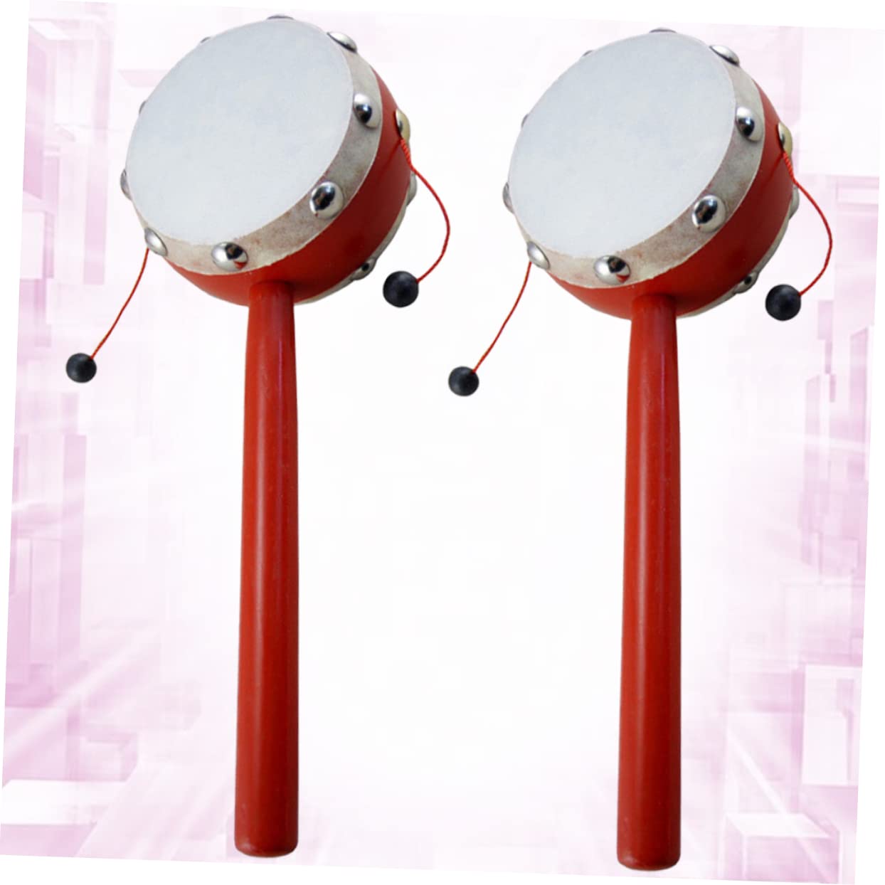 GALPADA 2pcs Rattle Drum Wooden Hand Bell Two Sided Sheepskin Design for Boy Girl Stimulates Listening and Hand Flexibility Safe and Musical Instrument White Painted Surface
