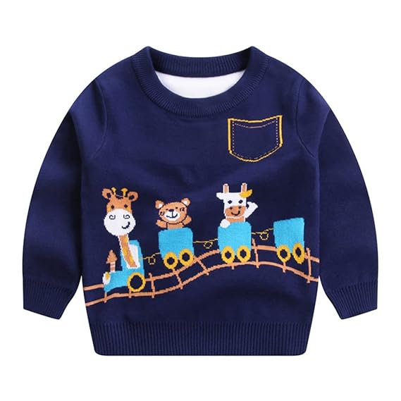 Hopscotch Boys Cotton and Polyester Full Sleeves Printed Sweater in Dark Blue Color