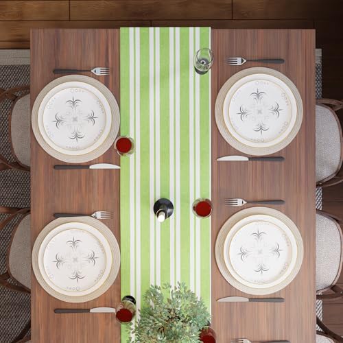 Image of Encasa XO Cotton Table Runner for 2 to 4 Seater | Size 13x48 in | Franca Lime Stripes - Machine Washable & Durable