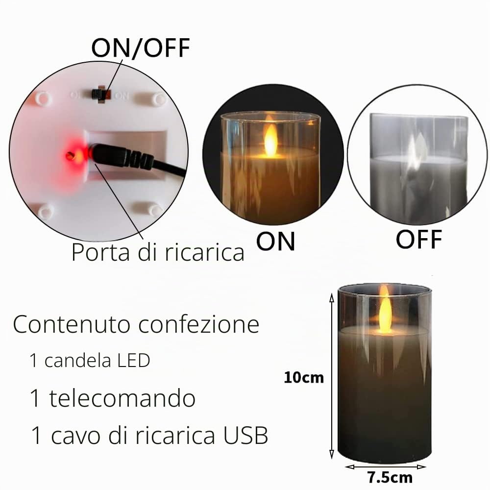 Candele LED, Flickering Flameless Candele, Candele LED a Ricaricabile con Glass, Candele con Telecomando, Realizzato in Vera Paraffina, Funzione Timer 24 Ore per Decorazione,Festa, Vacanze-10cm Grigio