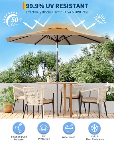 10FT Outdoor Patio Umbrella, Outdoor Table Umbrella, Market Umbrella with Push Button Tilt and Crank, 8 Sturdy Ribs UV Protection Waterproof for Garden, Deck, Backyard, Pool (Tan)