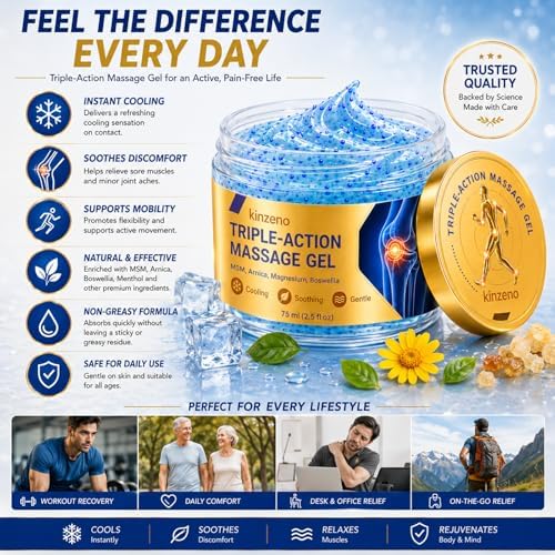 Kinzeno Triple Action Massage Gel with Arnica, Magnesium & Boswellia, Cooling & Soothing Gel for Daily Massage Routine, Gentle Fast-Absorbing Body Care Formula, 75ml - 5