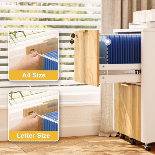 Image of 2 Drawers Fluted Mobile File Cabinet with Lock, Rolling File Cabinet Printer Stand Table, Under Desk Wooden Filing Cabinets for Home Office Essentials Storage Organization Furniture Letter /Legal /A4