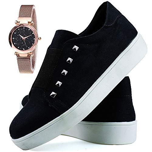 Tênis Sapatênis Neway Feminino Plataforma Preto com Relógio - 7106Preto