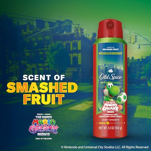 Image of Old Spice Aluminum Free Body Spray for Men, Old Spice x The Super Mario Galaxy Movie, 24 /7 Lasting Freshness, Lasting Odor Protection, Smell Super with Brooklyn Bounce, Smashed Fruit Scent, 5.1 oz