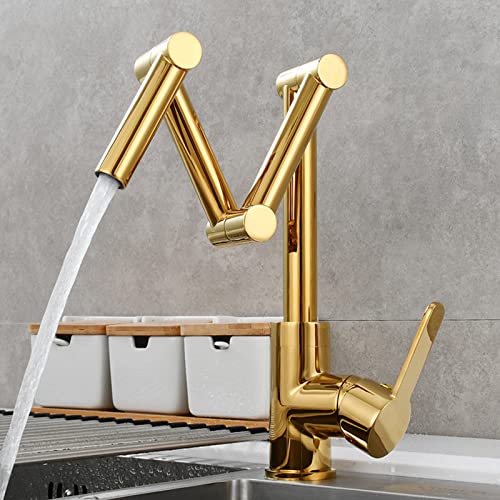 WOTZOV Grifo de Cocina Plegable de latón con Tres Brazos articulados, Grifo de Fregadero de un Solo Orificio para encimera, Mezclador Monomando de Agua fría y Caliente, Color Negro.