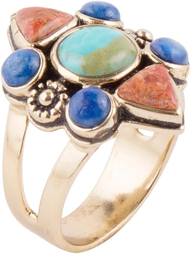 Barse Jewelry Blue Turquoise and Colorful Multi-Stone Golden Statement Ring