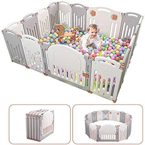 Hello-5ive Baby Playpen, 16 Panels Foldable Play Fence, Bear Pattern Play Pen with Lock Door, Large Indoor Safety Play Yard, Girls and Boys Activity Center, 6-Month Up Toddler, White and Gray Cover