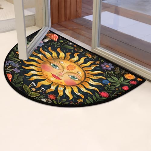 Image of Half Round Doormat Boho Flower Sun Non Slip Half Circle Area Rugs Indoor Washable Half Moon Rug Semi Circle Bathroom Runner Mat Entrance Floor Carpet for Kithen Bedroom Fireplace Decor