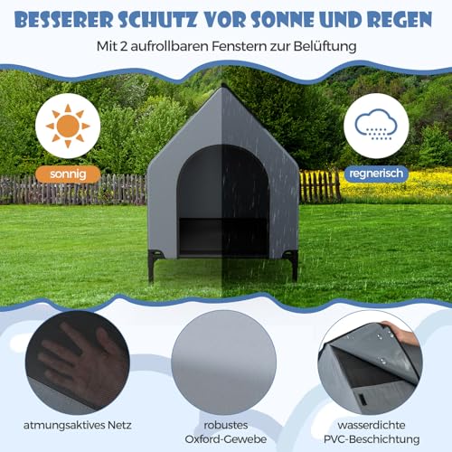 COSTWAY 2 in 1 Hundehütte & erhöhtes Hundebett, Hundeliege Outdoor, Haustierhaus mit atmungsaktivem Netzgewebe & Abnehmbarer Abdeckung, Hundehaus für kleine Hunde, Oxford, Grau (64 x 91 x 86 cm)