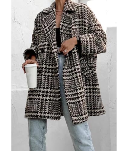 SOMTHRON Women's Houndstooth Trench Coat Double Breasted Notched Lapel Loose Mid Long Winter Pea Coat Overcoat4
