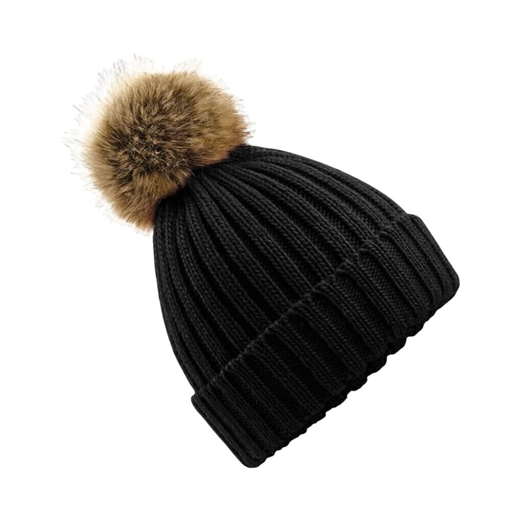 Beechfield - Faux Fur Pop Pom Chunky Beanie - Unisex Styling - Black