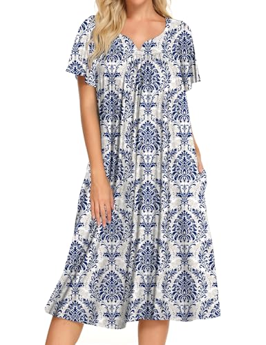 Image of Bloggerlove Mumu House Dress for Women with Pockets Short Sleeve Nightgowns | 15% Cotton, 80% Polyester, 5% Spandex, Floral Mumu House Dress, V-Neck, Short Sleeves, Midi Length, 2 Side Pockets, Lounging
