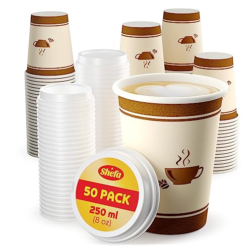 Shefa 50 tazas de café de 8 onzas con tapas, vasos de papel para bebidas calientes o frías, taza caliente para llevar para cafeterías, taza resistente al calor, tazas de café de papel sin BPA, tazas