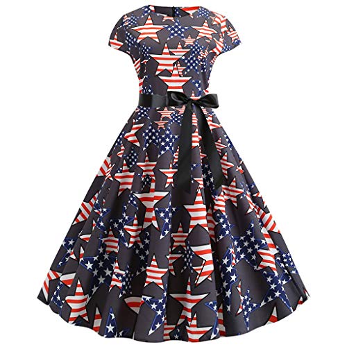 Misaky Women's Dress Summer Vintage 1950S Retro Short Sleeve American Flag O-Neck Patriotic Dress(Dark Gray, L)