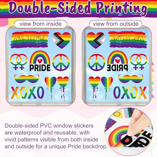 Image of 62 PCS Gay Pride Window Clings, 9 Sheets Pride Decorations, Double-Sided Rainbow Window Clings with Progress Flag Equality Love Motifs, LGBT Stickers for Lesbian Pansexual Bisexual Home Decor