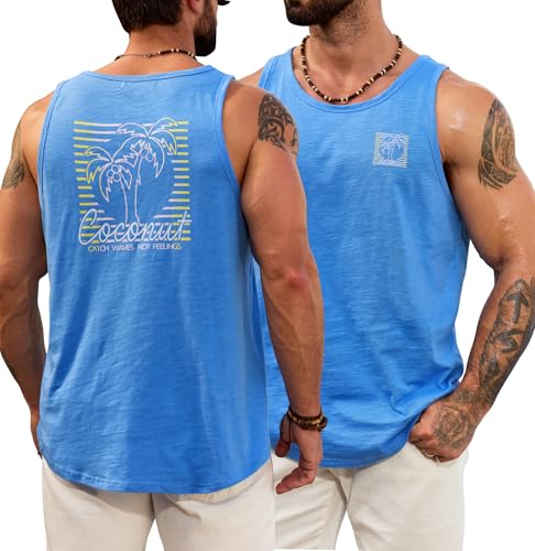 Image of VOGSTART Mens Graphic Muscle Tank Top Beach Slub Cotton Sleeveless Shirts | Design, Print, Casual, Summer, Vacation, Holiday, Surf, Hawaiian, Workout, Vintage, Tropical