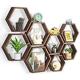 Hexagon Floating Shelves Set of 8 Wood Hexagonal Shelves Brown Wall Decor and Storage Racks for Living Room Floating Honeycomb Plants Shelf Farmhouse Wall Hexagon Hanging Shelf for Bedroom Home