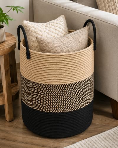 Image of Large Laundry Basket - Rope Hamper for Dirty Clothes, Towels, Toys, Blanket, Pillows in Living Room, Bedroom and Laundry Room (Size - 14 inch x 14 inch x 18 inch) (Beige Black Mix)