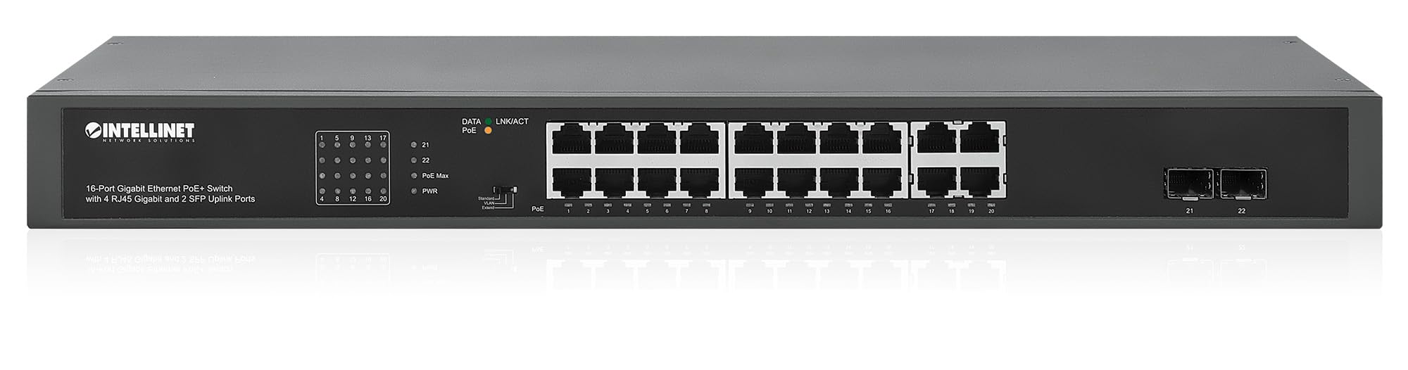 Intellinet 16 Port PoE+ Ethernet Switch with 4 RJ45 Gigabit and 2 SFP Uplink Ports - 300W Power Budget, Output up to 32W Per Port, Unmanaged, Wall