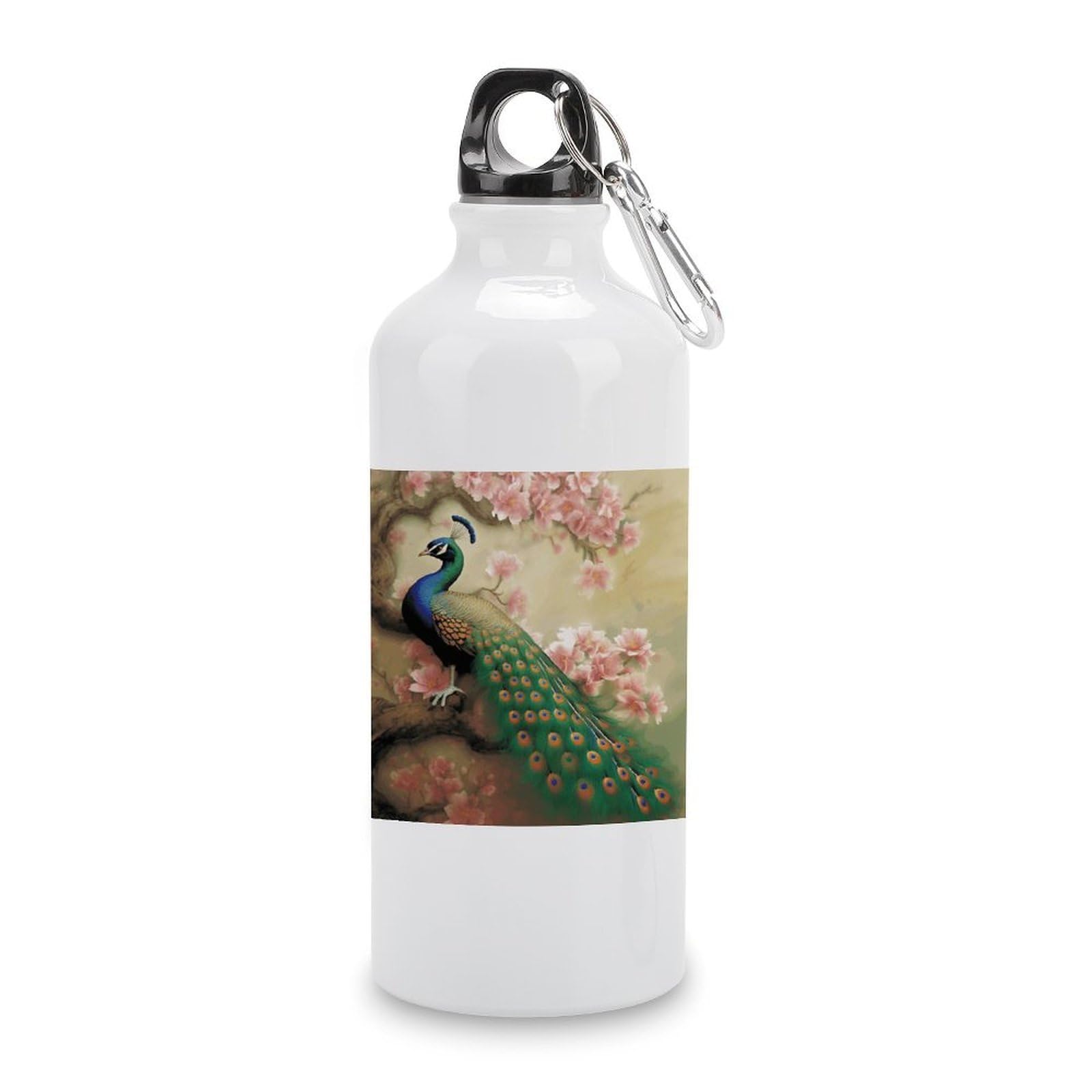 VstaDank Oriental Peacock on Flower Tree Water Bottles Aluminum Sports Water Bottle with Lid&Hook Buckle Fashion Vacuum Insulated Water Bottles Hydration Flask Leak Proof Tumbler Keep Cold&Hot
